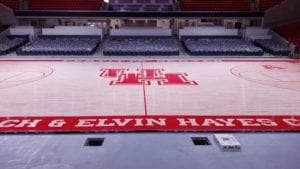 UH logo at center of basketball court