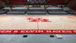 UH logo at center of basketball court