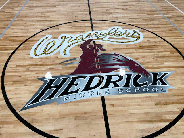 Hendrick Middle School Wood Floor with Logo